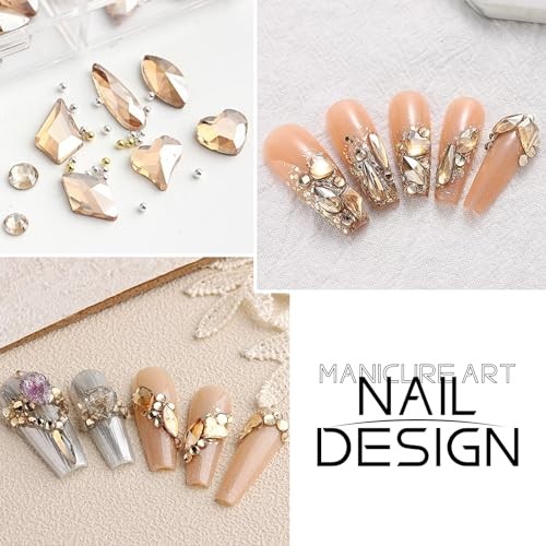 1 Box Nail Art Rhinestones Multi Shapes 3D Flatback Bedazzling Champagne Gold