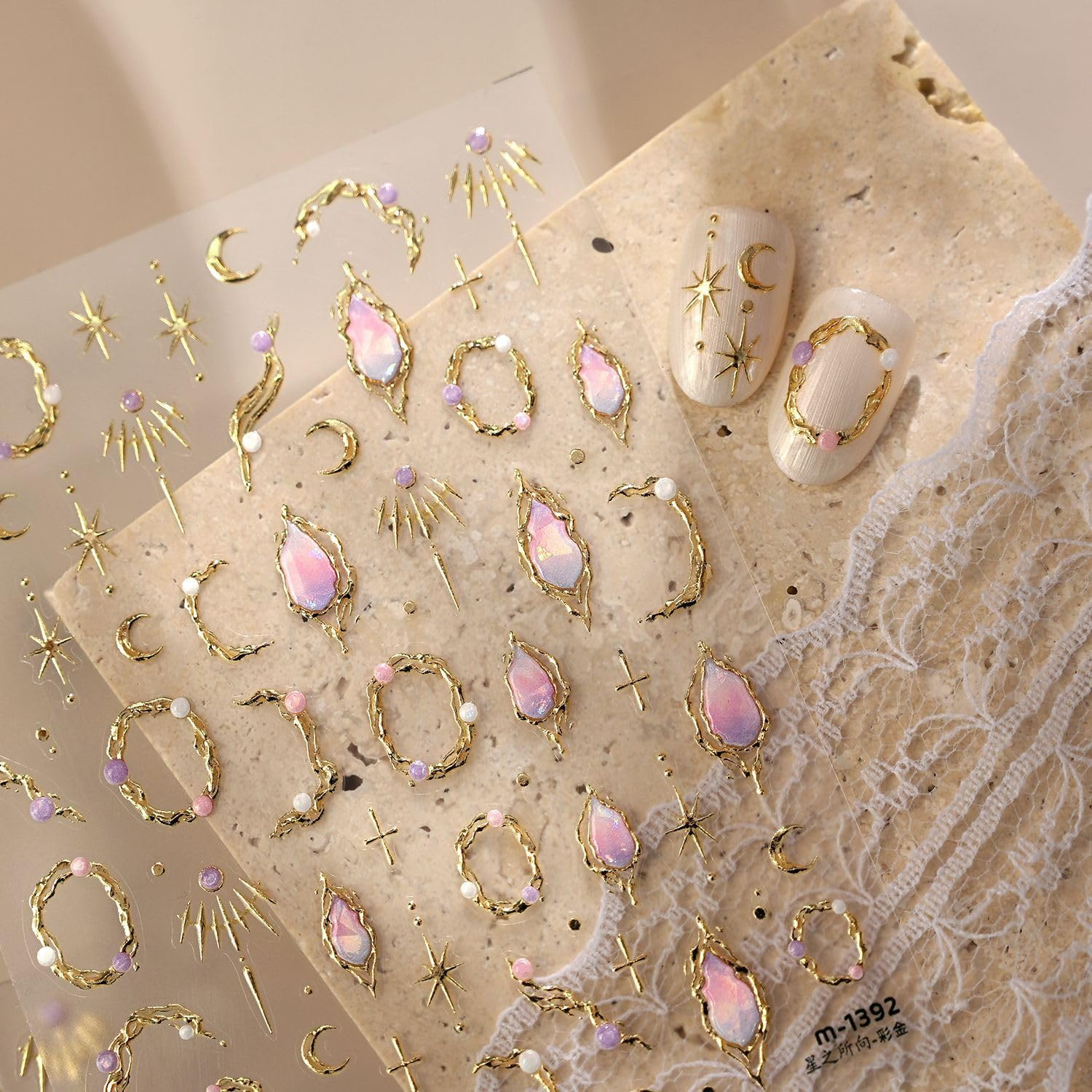 5D Embossed Gold Nail Stickers Star Nail Stickers for Nail Art with Pink Gemston