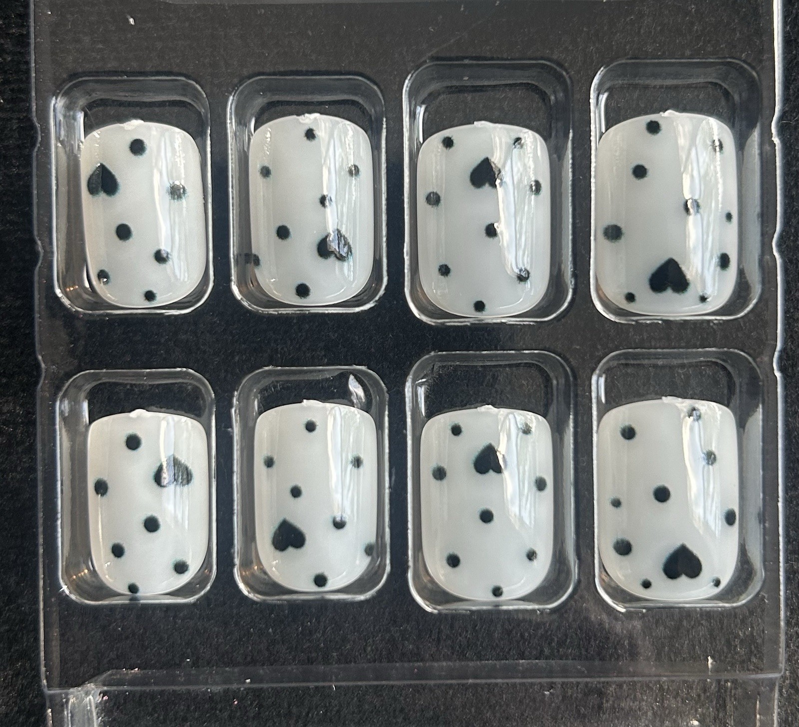 White Black Polka Dot Heart Square Short Press-On Nails 3D Glue Included