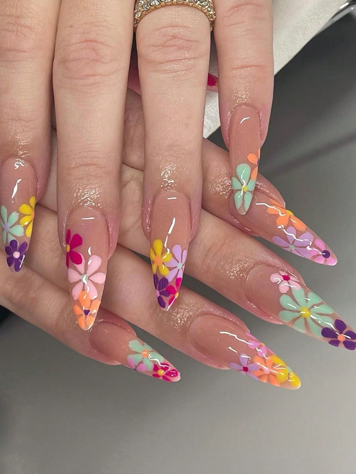 24pcs Long Almond Multicolor Flower Fake Nail Kit False Nails Press On Nails