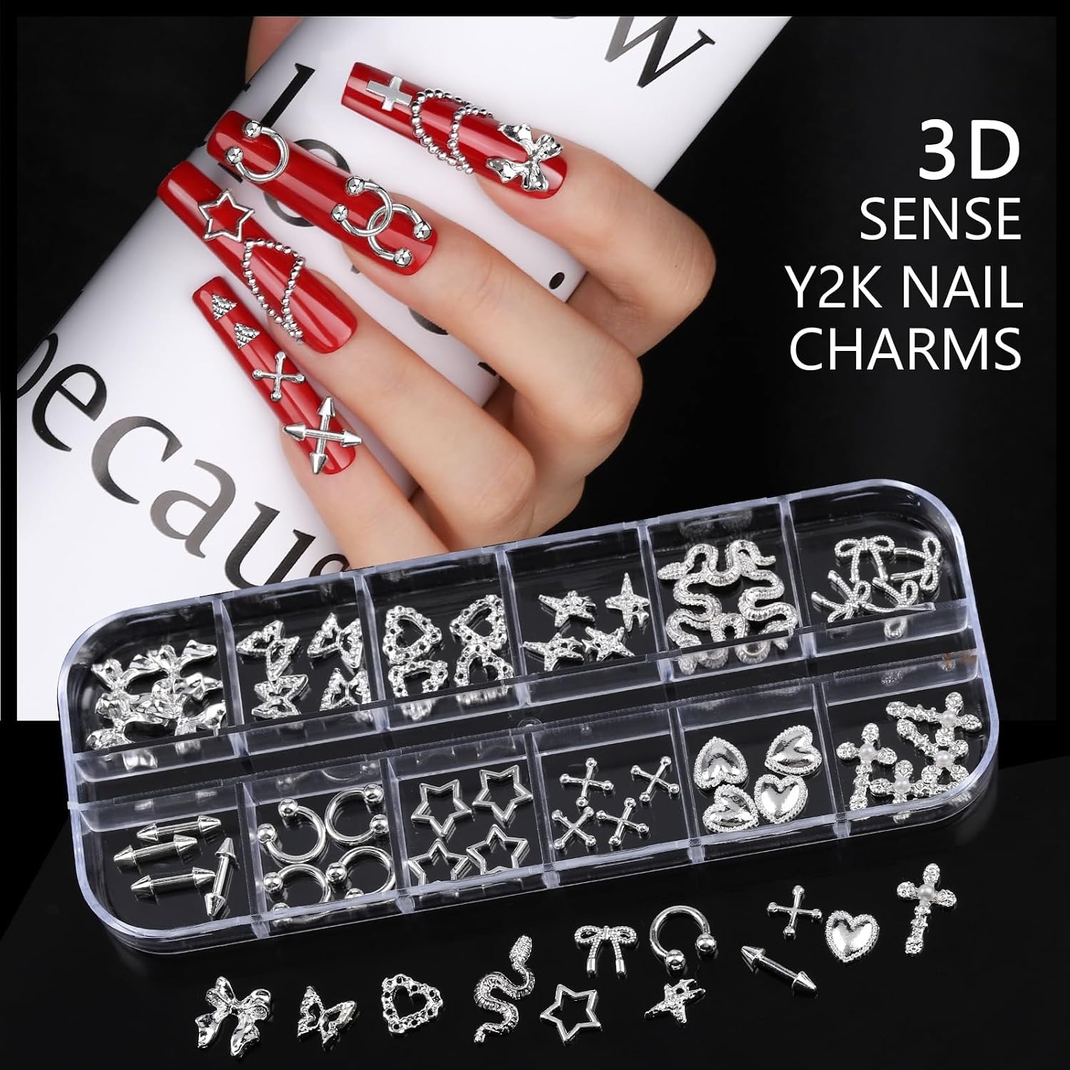 Teenitor Silver Nail Charms & Gems Kit: Y2K, Rhinestones, Stickers, Pearls