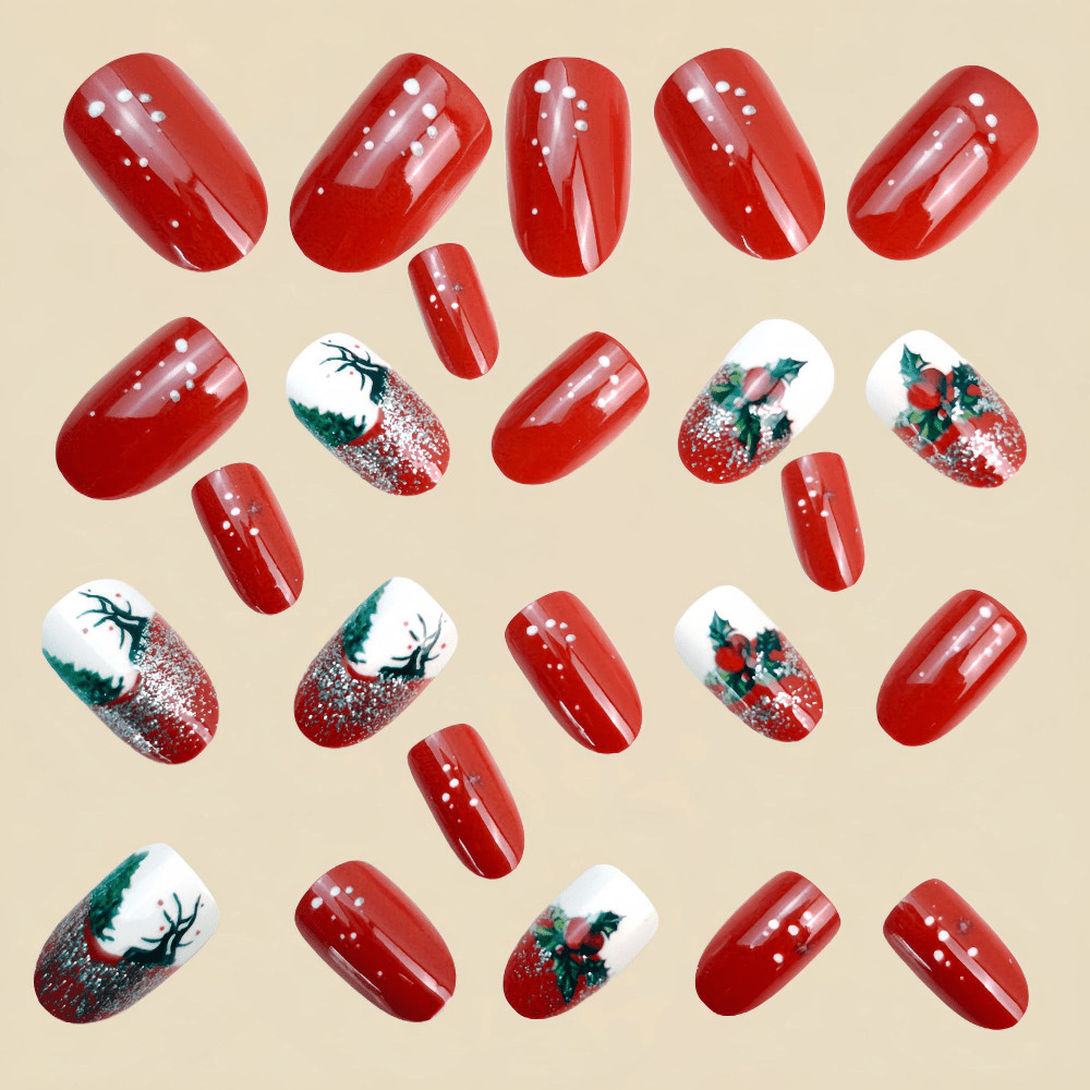 48Pcs Red Xmas Press on Nails Reindeer Holly Glitter Glossy Shiny Fake Nails