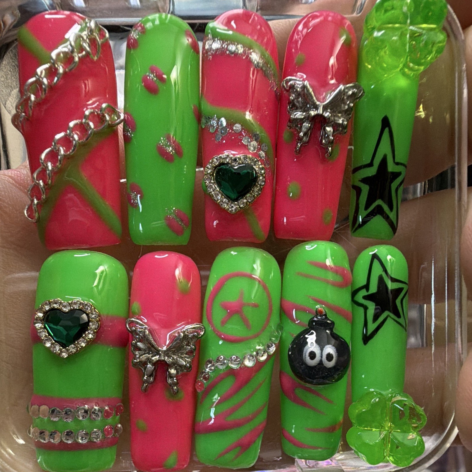 3D Star Square Press-On Nails Long Full Cover Green Pink Acrylic Pre-Designed