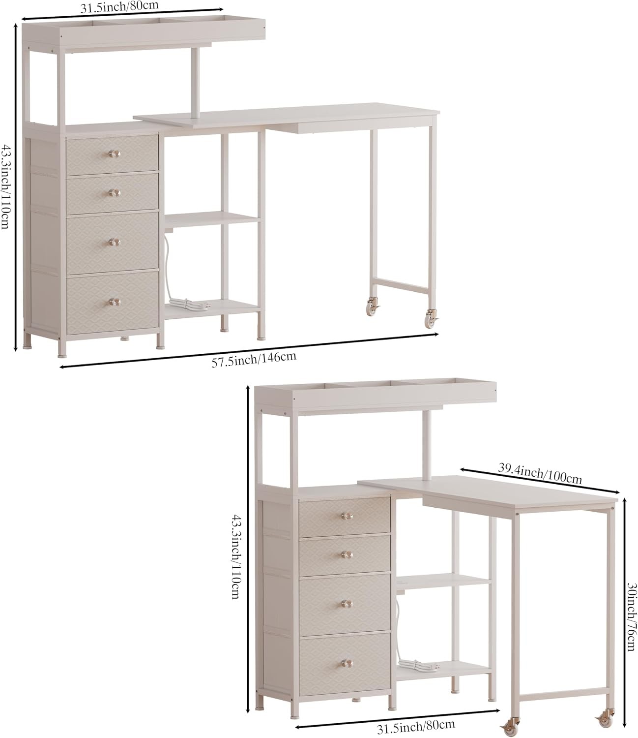 L-Shaped Manicure Table with Drawers Shelves Charging Station