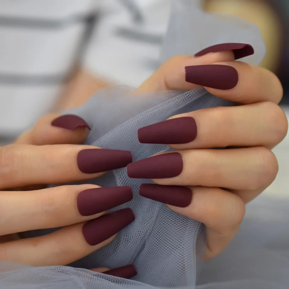 24 New Matte Burgundy Coffin Press on nails kit glue goth mulberry maroon