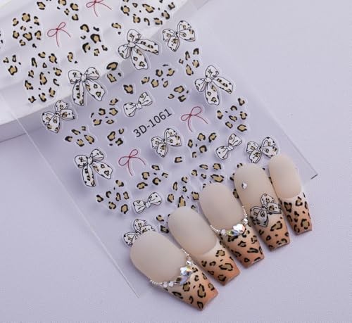 Leopard Print Bow Nail Stickers Self-Adhesive, 2 Sheets Mini 4 Leopard Print