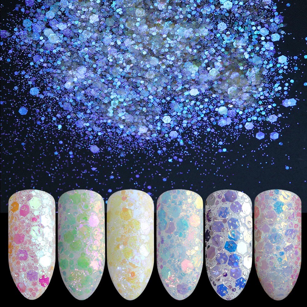 Unicorn Mermaid PIXEL NAIL SEQUINS CHUNKY GLITTER POWDER Effect AB Mix Sizes