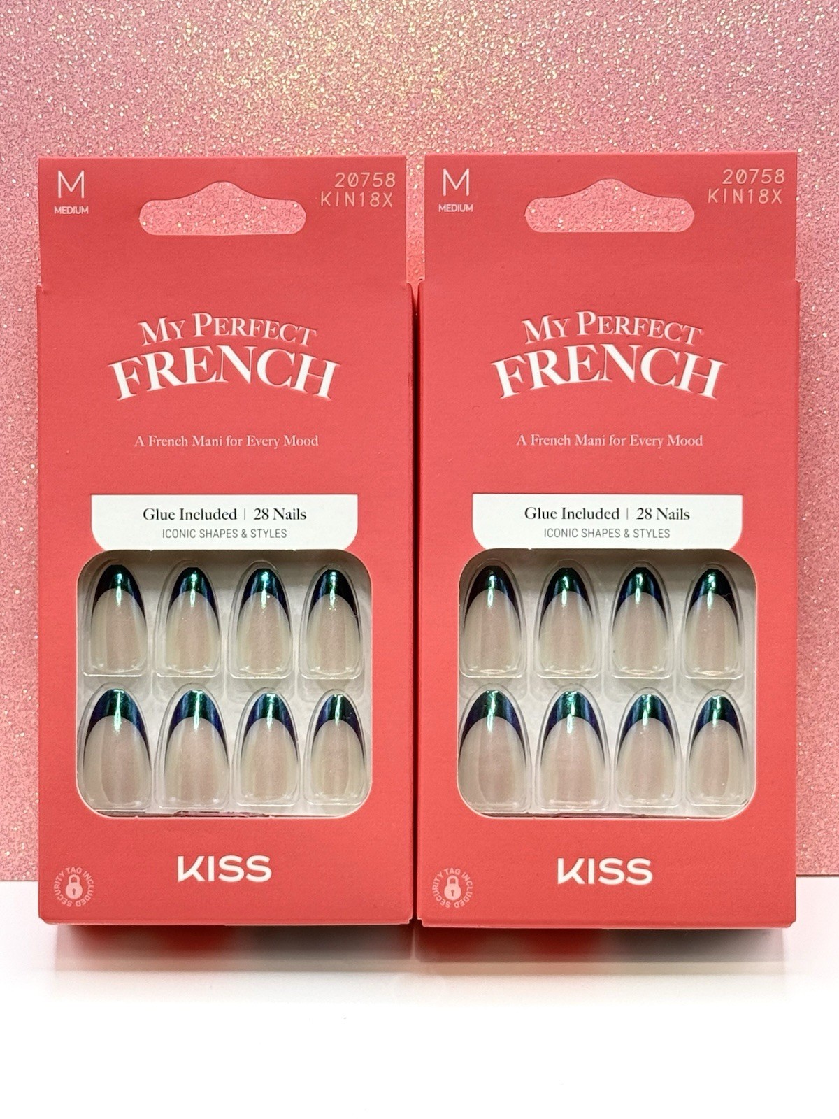 Kiss My Perfect French Press-On Manicure Nails Medium Almond Blue Chrome 2pack