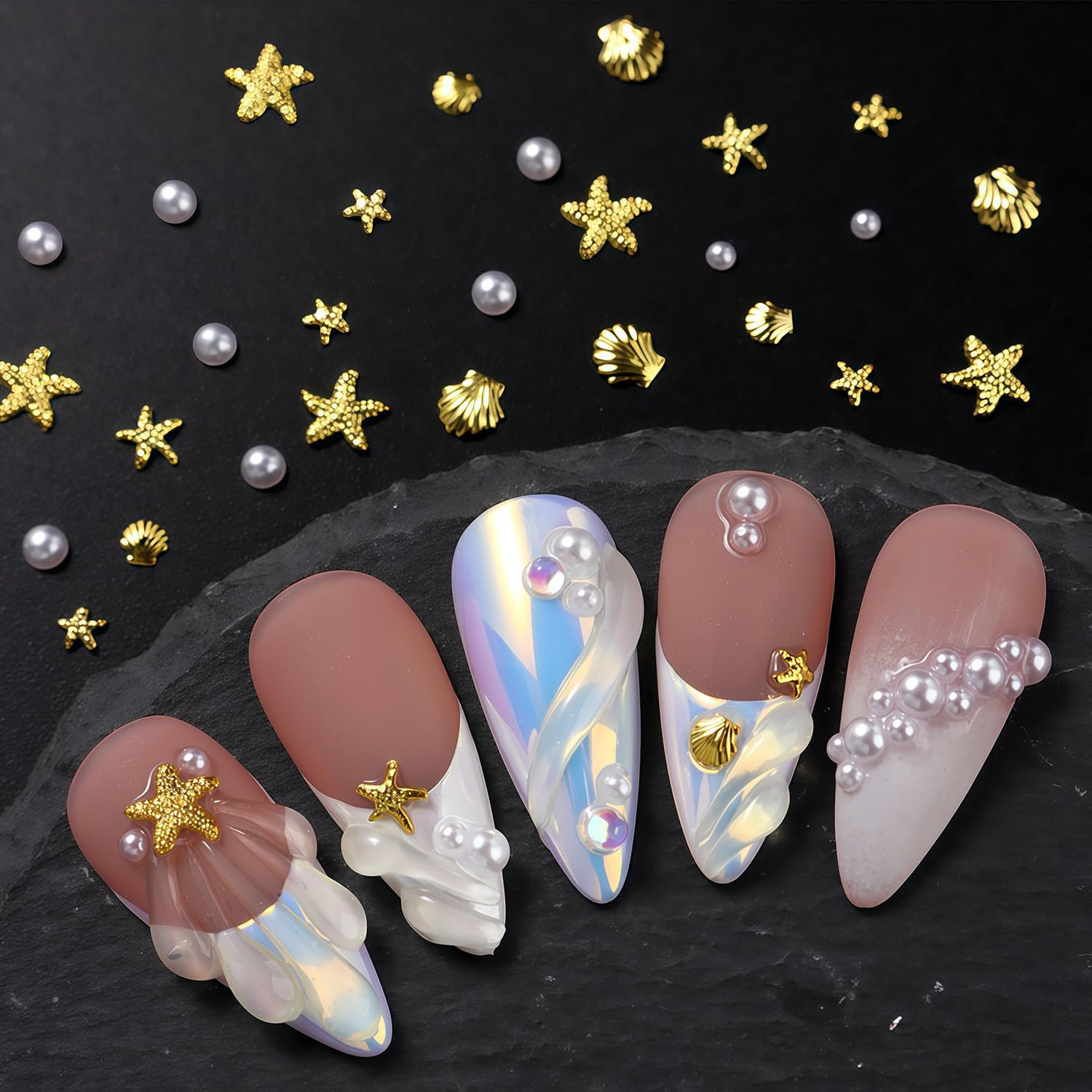 Summer Beach Nail Charms Pearl Shell Starfish Nail Rhinestones Ocean Style Nail