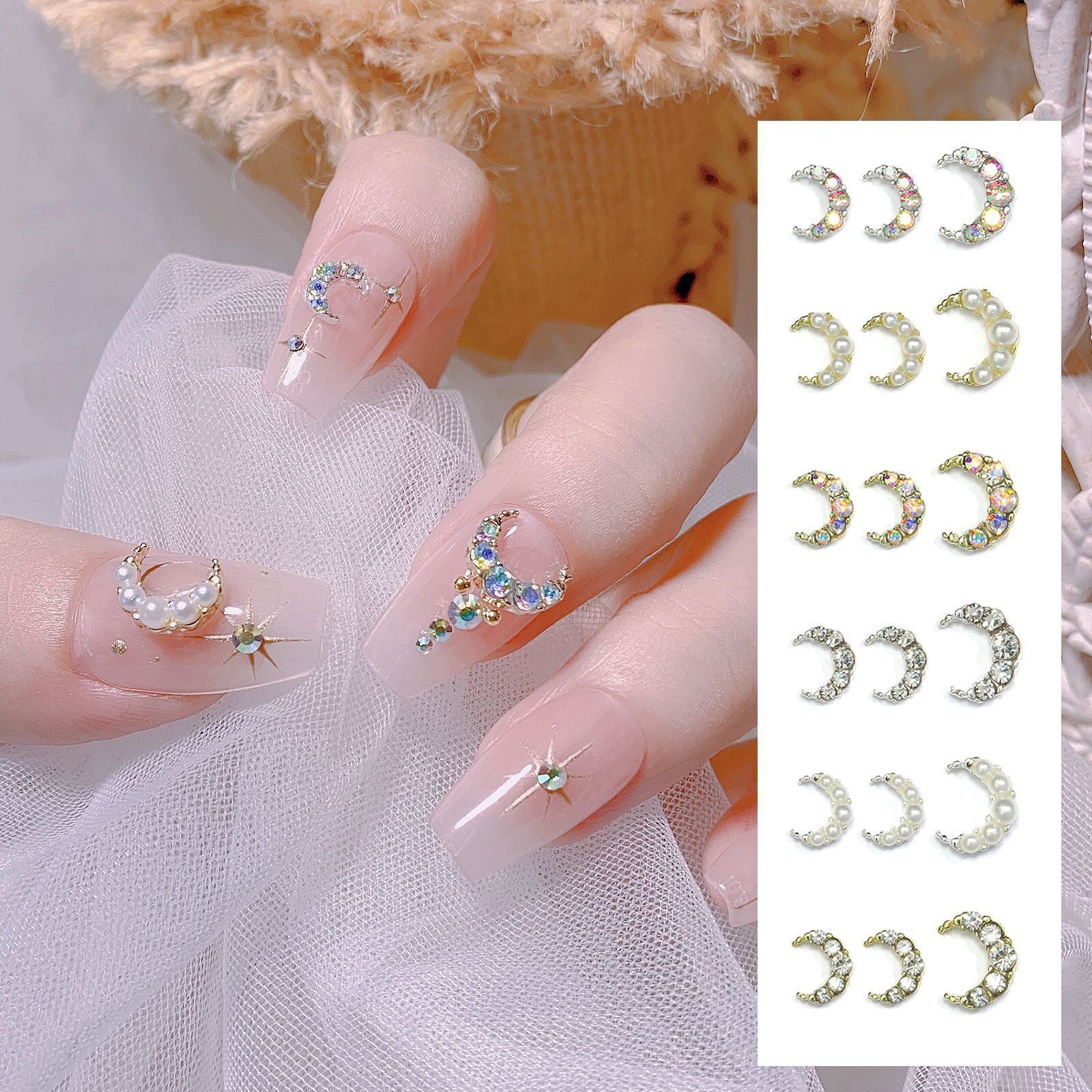 6Grids/Box 18pcs Moon Shape Nail Art Alloy Shiny Rhinestones Nails Decoration