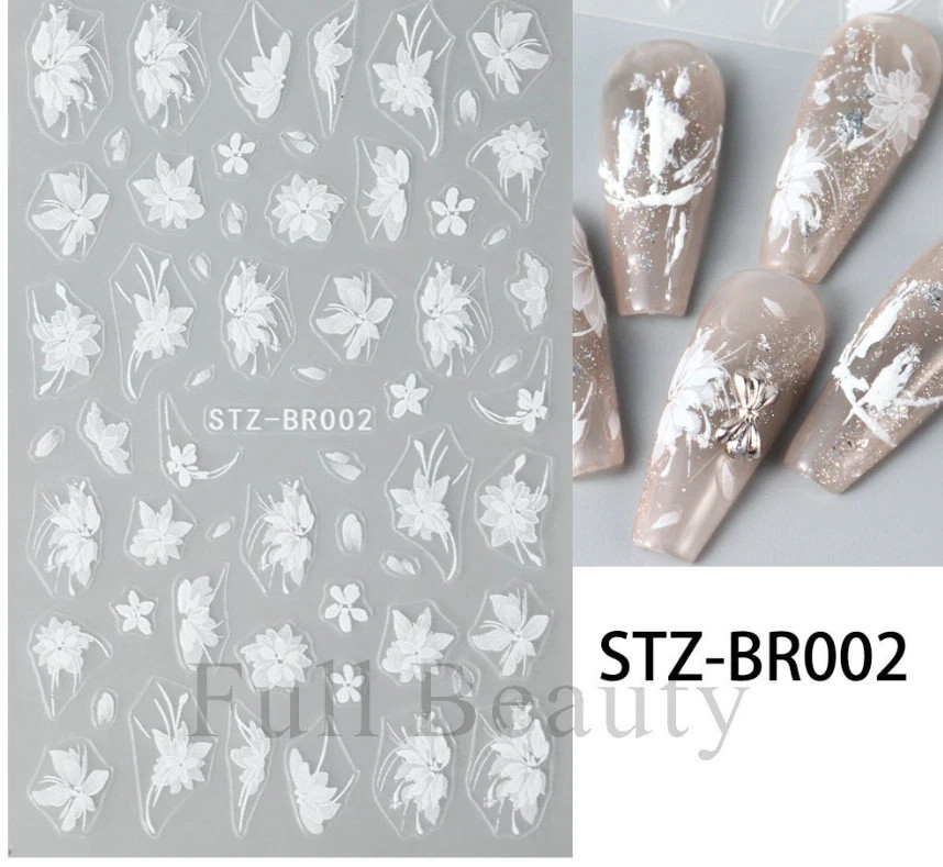 2Pcs 3D White Lace Flower Lily Petal Matte Effect Thin Nail Stickers NH27