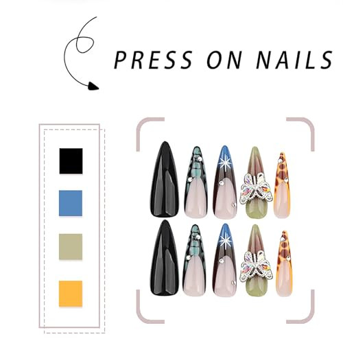 Stiletto Press on Nails Long Length Glue on Nails with Rhinestones and style 8