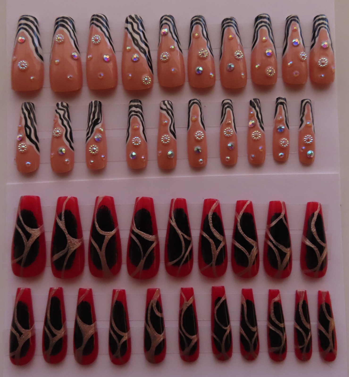 (2) Sets Black White Stripe Tip Pearl | Black Red Metallic Coffin Press-On Nails