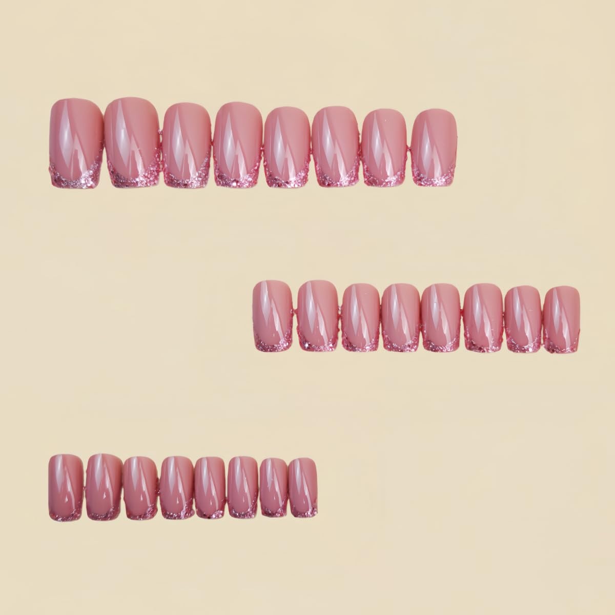 Press on Nails French Tip Fake Nails Short Square False Nails Pink Glitter Ac…