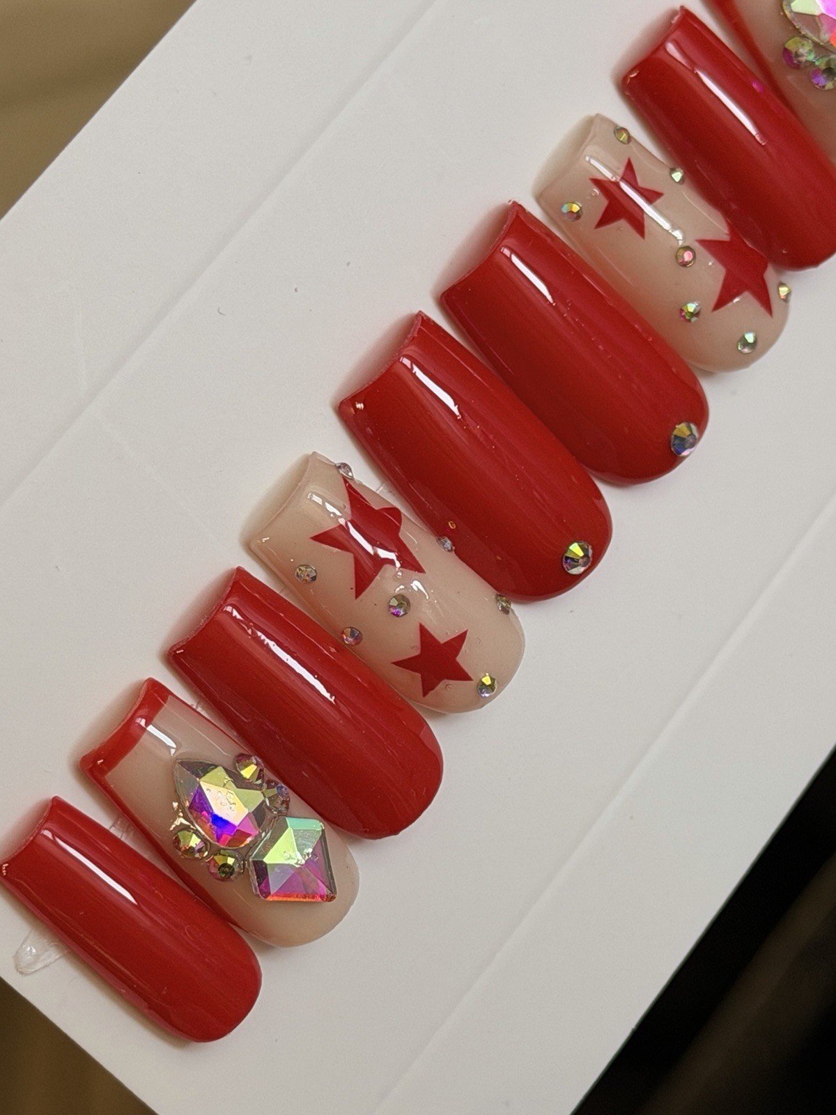 ✨ CUSTOM Press On Nails RED STAR BLING 10p SET W Kit