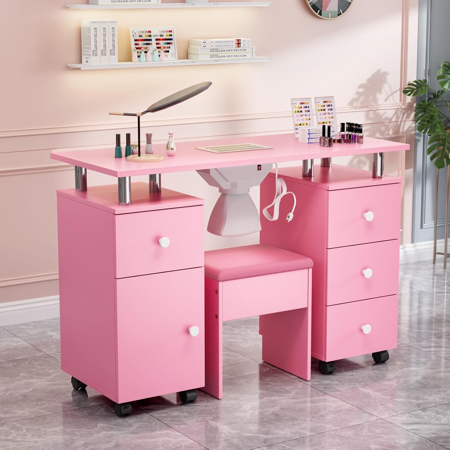 Salon Nail Desk Set with Stool, Drawers, Dust Collector, Smooth Rolling Wheels