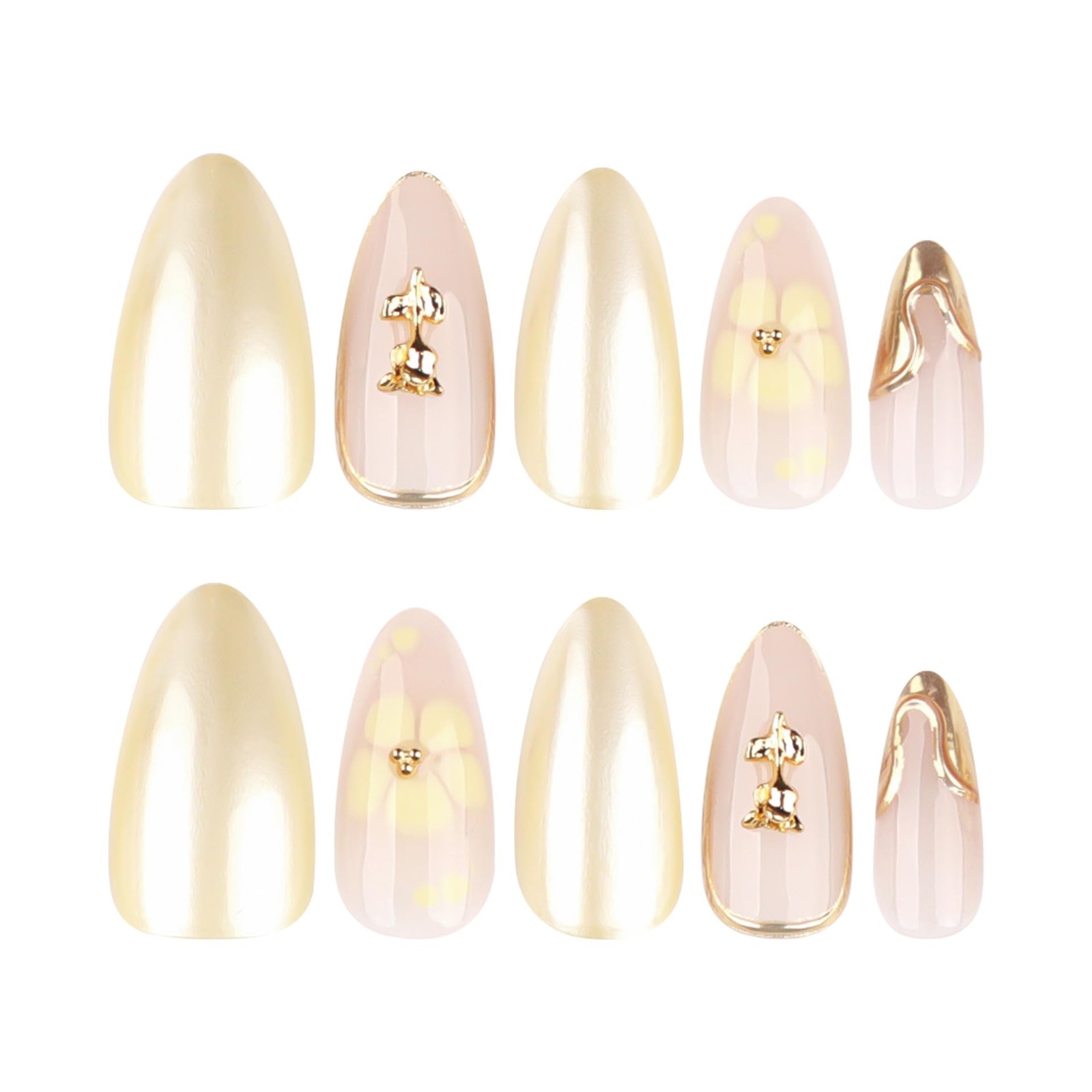 Yellow Chrome Flower Press On Nails Short Almond, Rose Floral Charms and Yell…