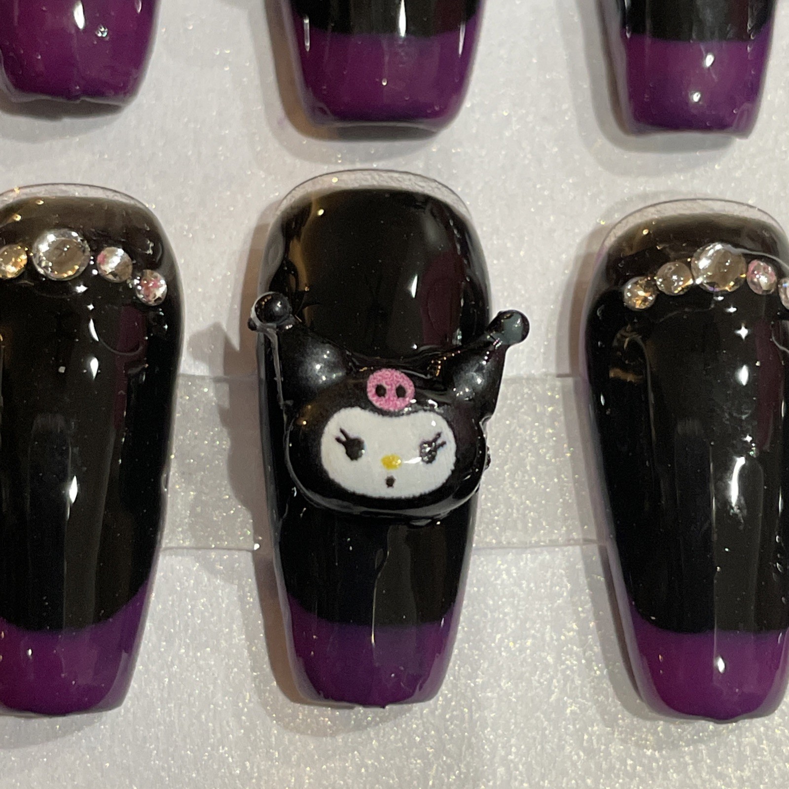 Handmade Press On Nails. Size Medium Coffin Shape+App Kit Kuromi Black/ Purple