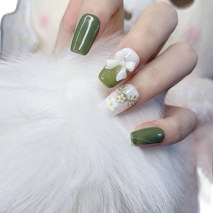 Press on Nails Square Shape Green Color with 3D Bowknot Design 112