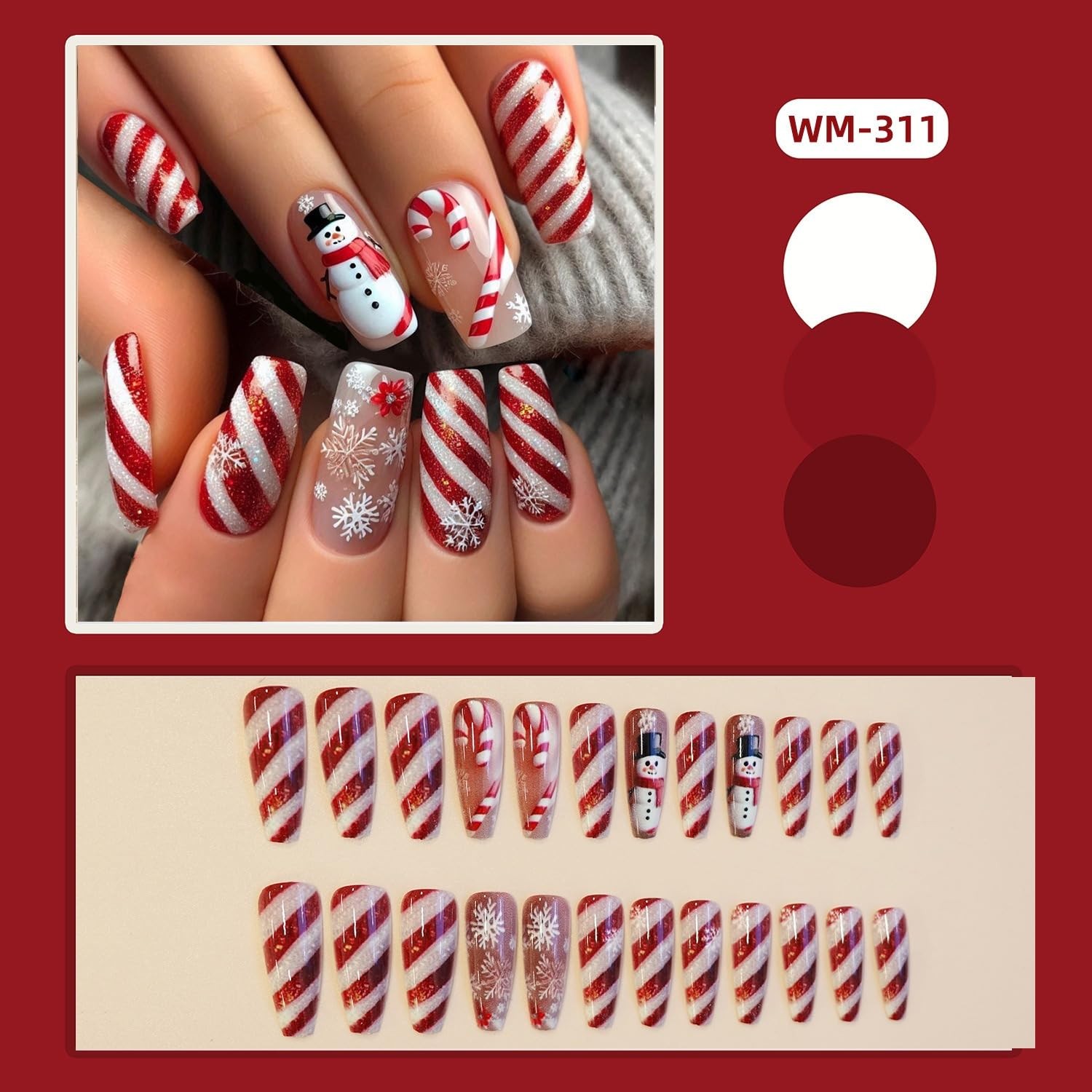 Christmas Press on Nails Glitter Red White Stripe Winter Fake 1, Style 16