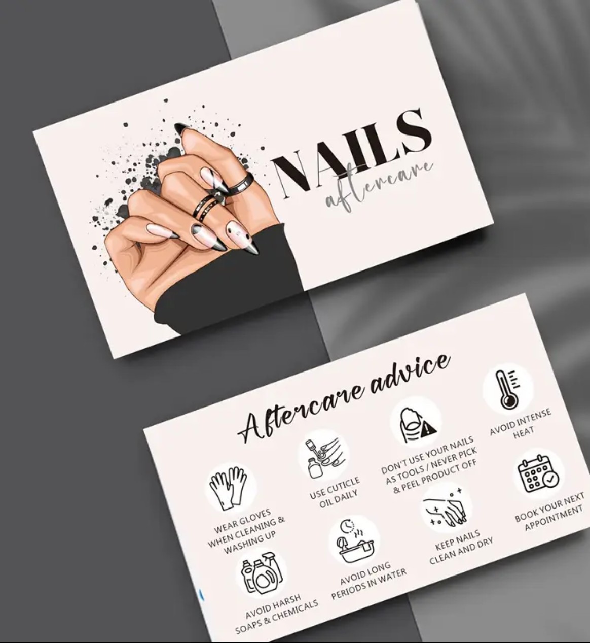 50 Nail Aftercare Cards Matte Light Pink & Black Business Card Size Salon Supply