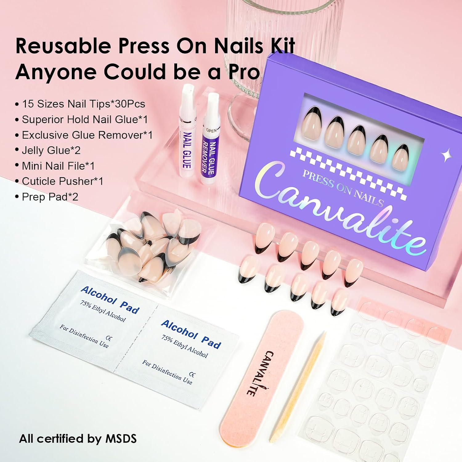 Black French Tip Press on Nails, 30Pcs Short Press on Nails Almond Reusable Acry