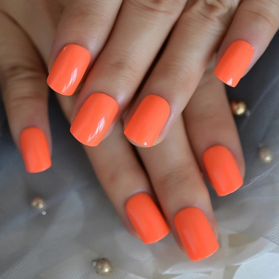 New 24 Press On Nails Kit w glue short neon orange bright