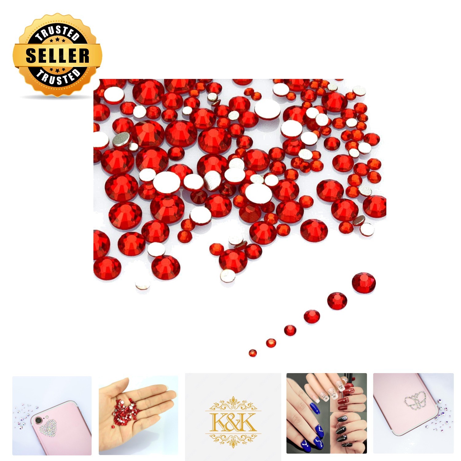 Luxurious 1200-Piece Round Rhinestones Collection in Siam Red – 1.5-5mm Sizes