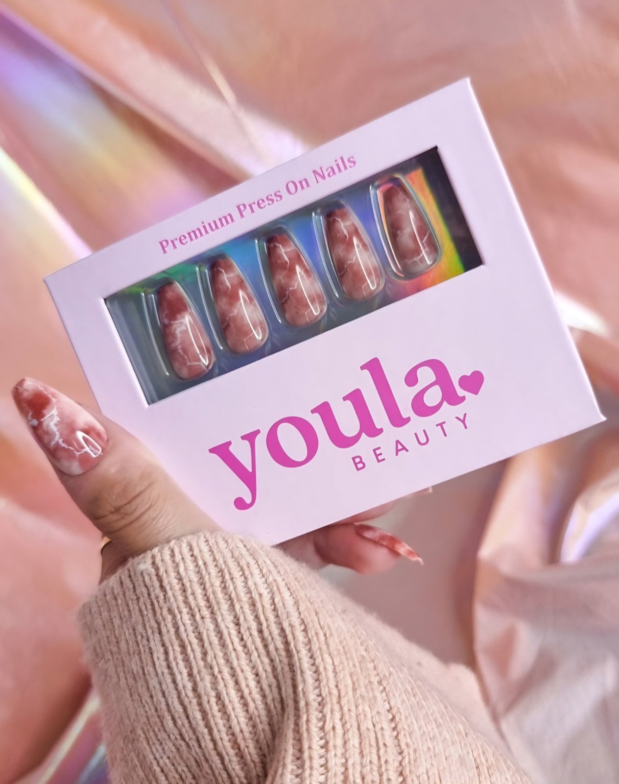Youla Beauty Press-On Nails Pink/White Marble French Long Coffin – Rose Quartz