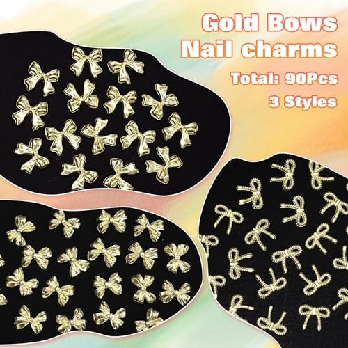 90 Pcs 3D Alloy Bow Nail Charms Gold