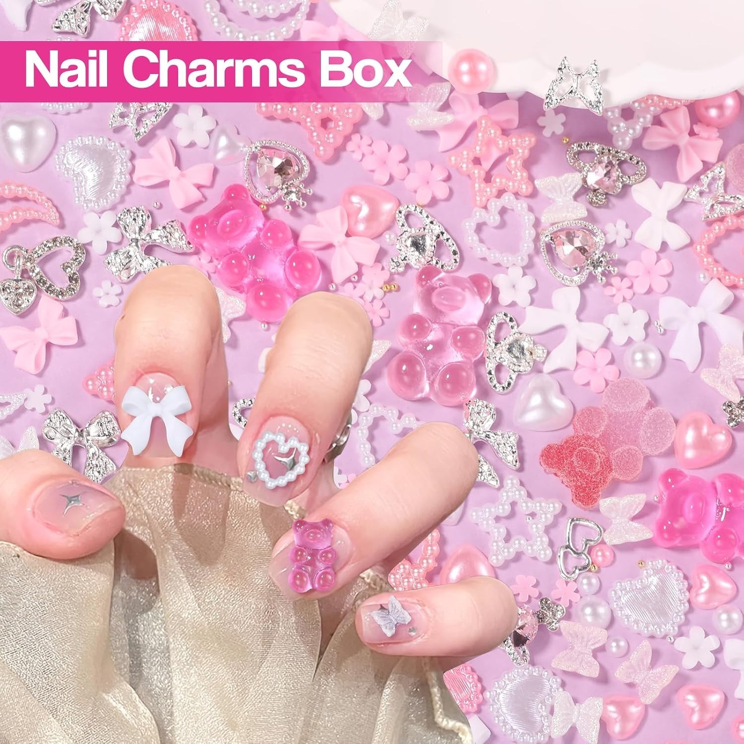 Silver Nail Gems Charms 3D Pink Pearl Bow Bear Nail Art Charms For Manicure |