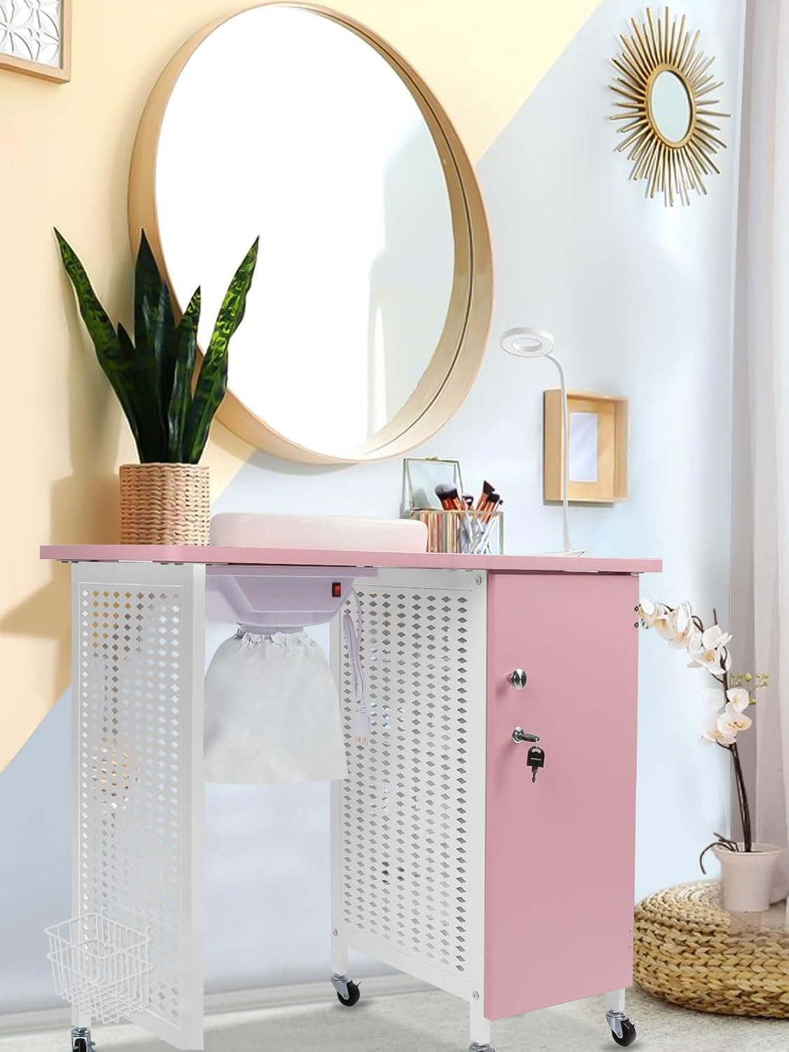 Manicure Nail Table, Mobile Nail Station with Nail Dust Collector, 4 Drawers, LE