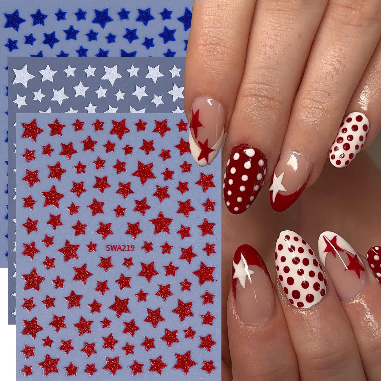 4th of July Nail Stickers Red White Blue Star Nail Decals 6PCS Glitter Patrio…