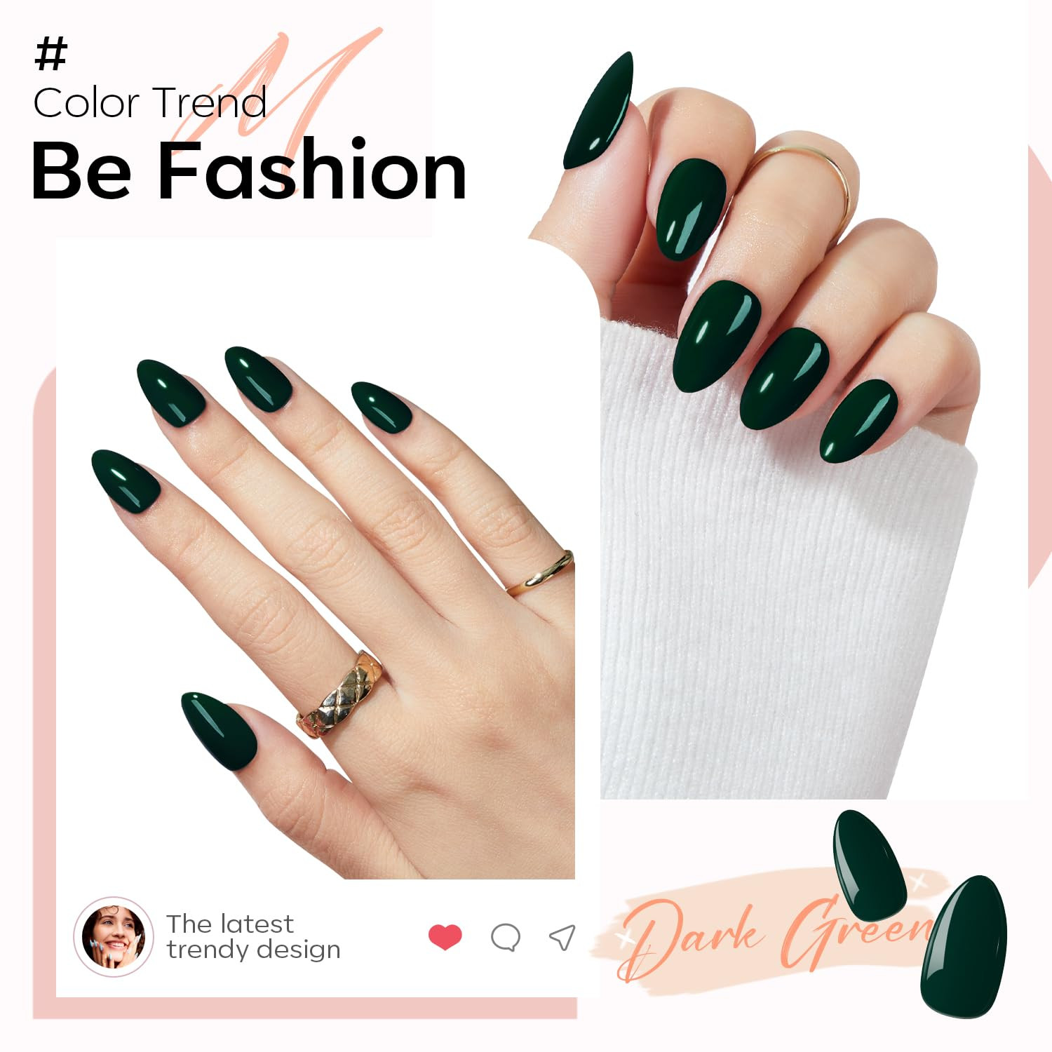 Dark Green Press on Nails Almond, St Patricks Day Spring Short Fake Nails, Reusa
