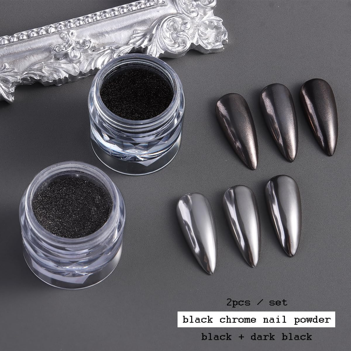 Black Chrome Nail Powder 2PCS Black Metallic Mirror Effect for Nails Extra Fine