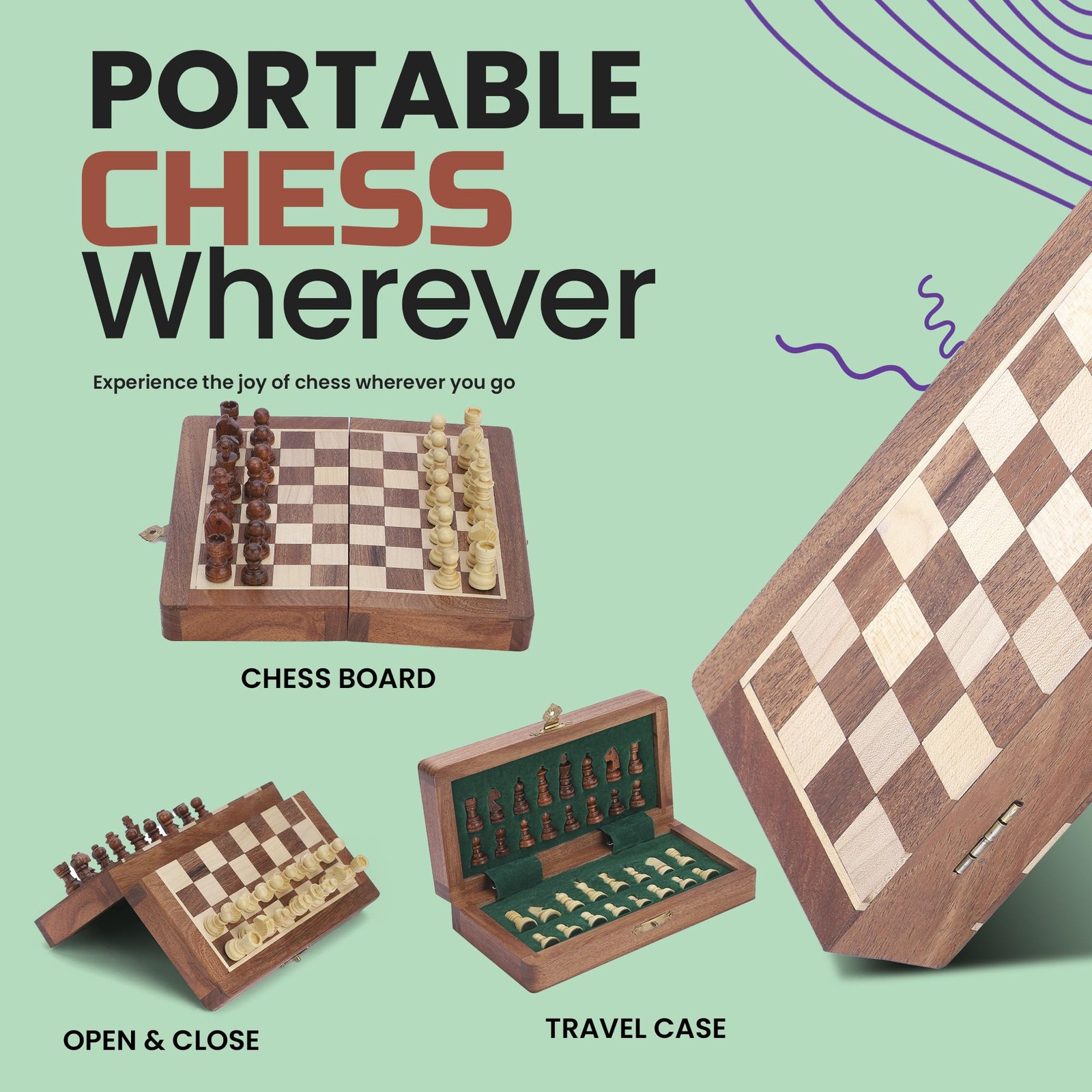 Ajuny Magnetic Travel Chess Set – Handcrafted Acacia Wood, 7×7, Brown
