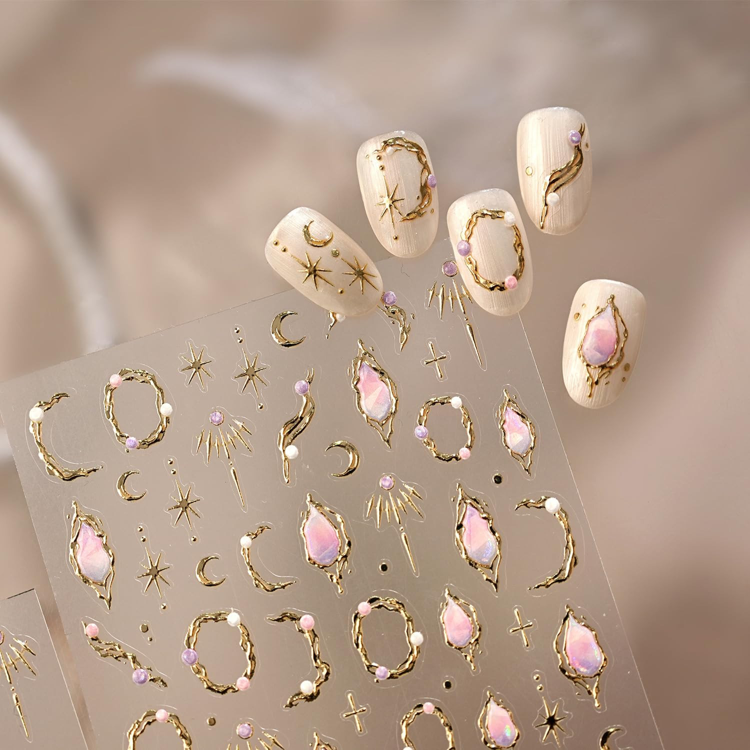 5D Embossed Gold Nail Stickers Star Nail Stickers for Nail Art with Pink Gemston