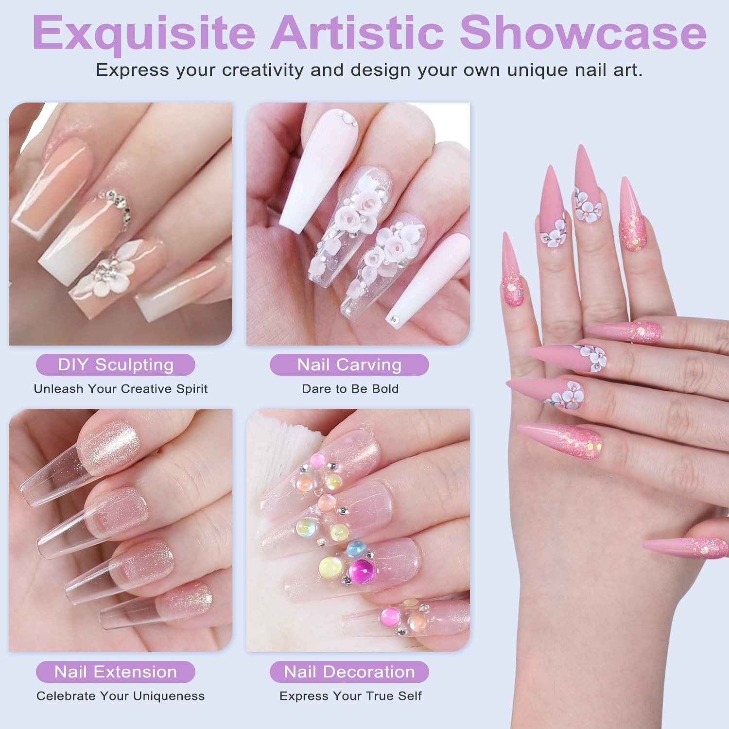 Acrylic Nail Kit – 30g x3 Clear, White, Pink Powder & 80ml Monomer Liquid Set