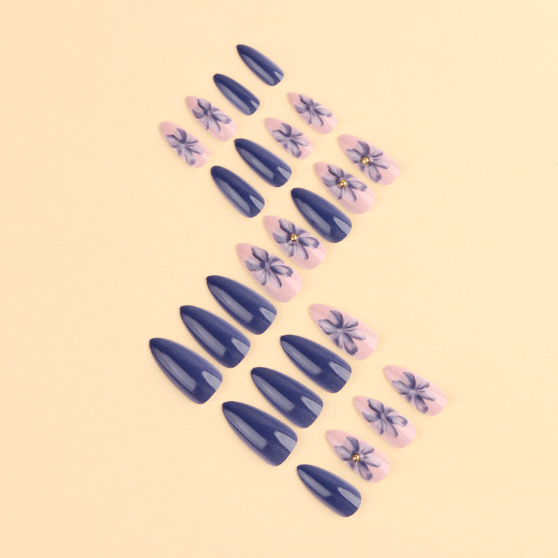 48Pcs-Long Almond Navy Blue Solid Watercolor Blue Flower Gold Press on Nails Set