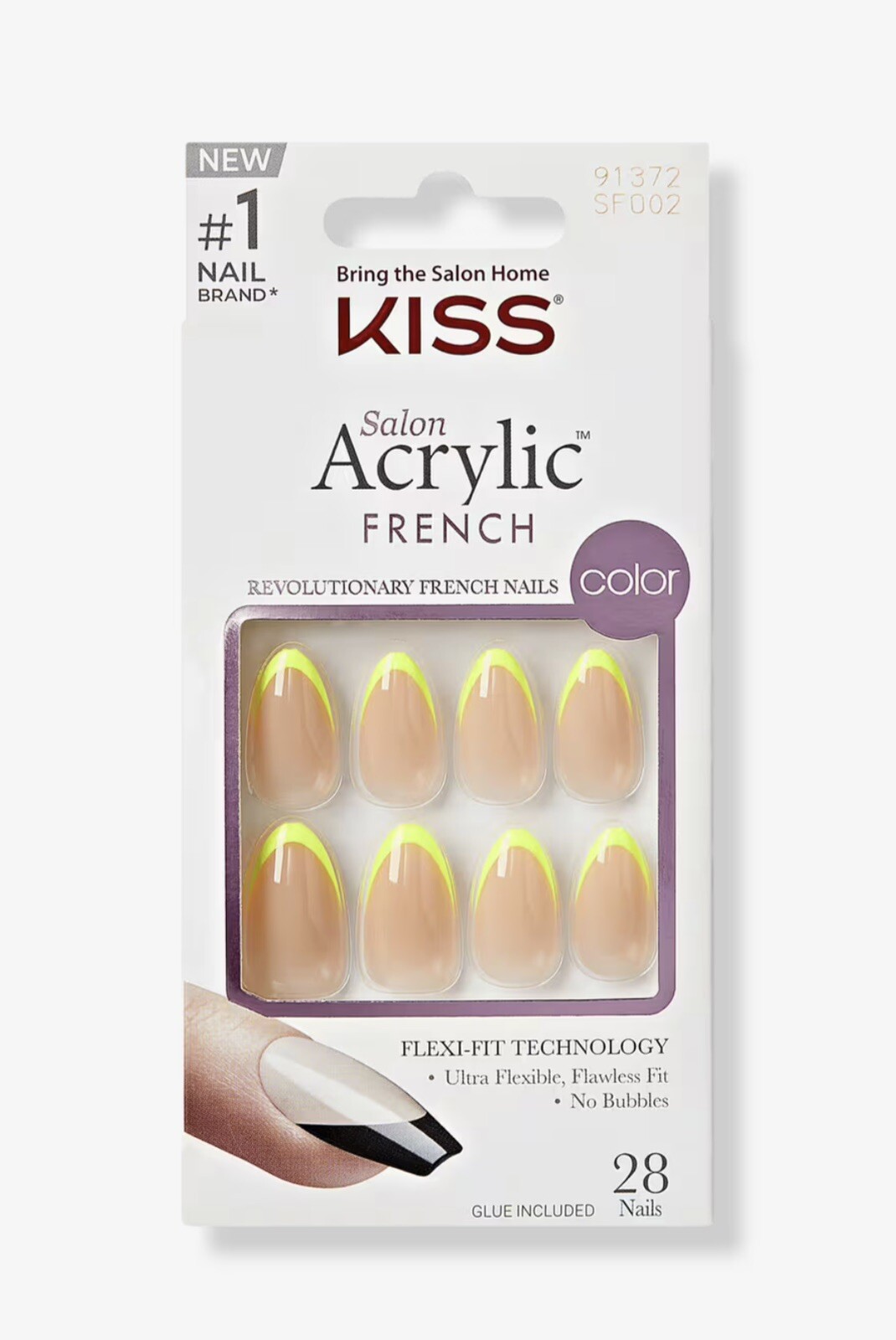 2 Kiss Salon Acrylic Nude/Neon Yellow French Nails, Medium Coffin # 91372