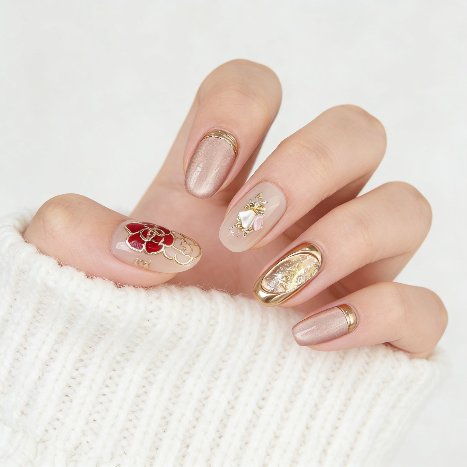 Nude Pink Floral Press On Nails Oval Gold Foil Handmade Elegant Set Gift For Her