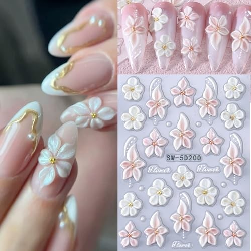Flower Nail Art Stickers Decals 6PCS 5D Embossed Hibiscus Nail Stickers Self