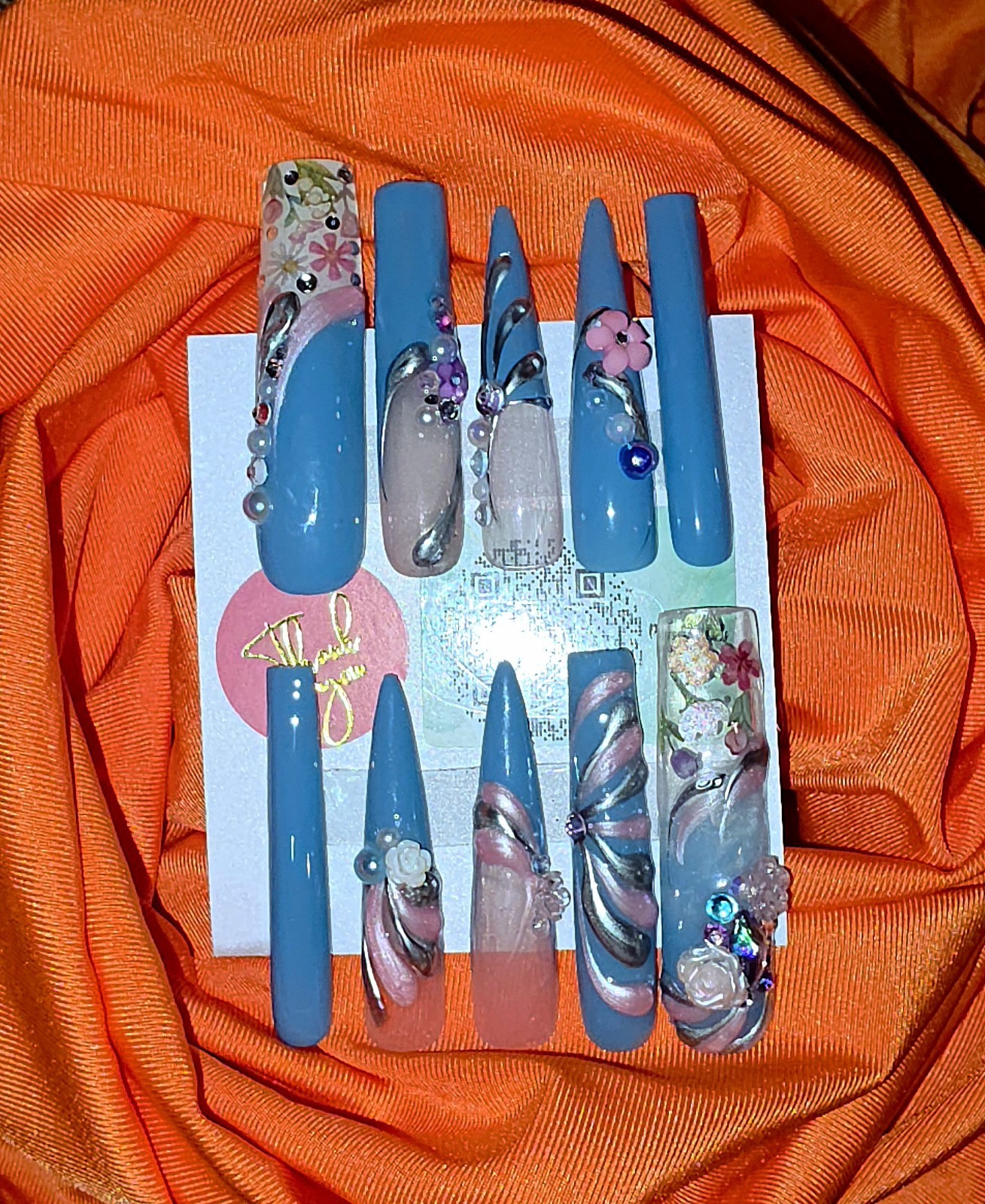 Acrylic Press-on Nails 3XL Square 3D Flowers Rose Spring Gems Blue Pink Silver