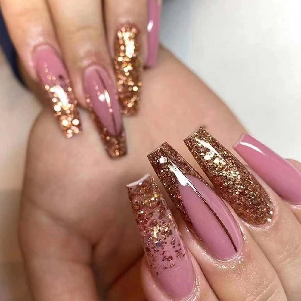 Gold Pink Press on Nails Long Coffin Fake on Nail for Women with Glitter Desi…