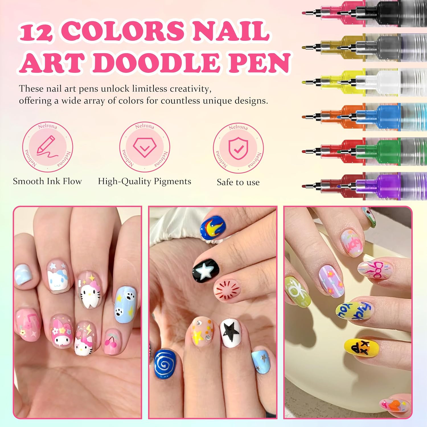 12 Colors Nail Art Pens Set – Acrylic Nail Polish Pens for DIY Nail Designs, 0.4