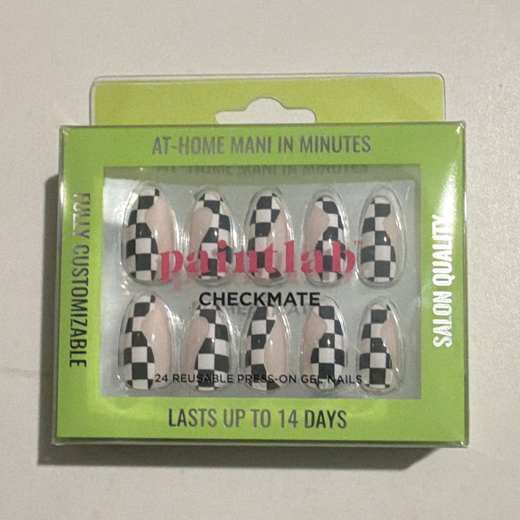 paintlab Press-On Nails Medium Almond Checkered Black White Nude Reusable +Glue