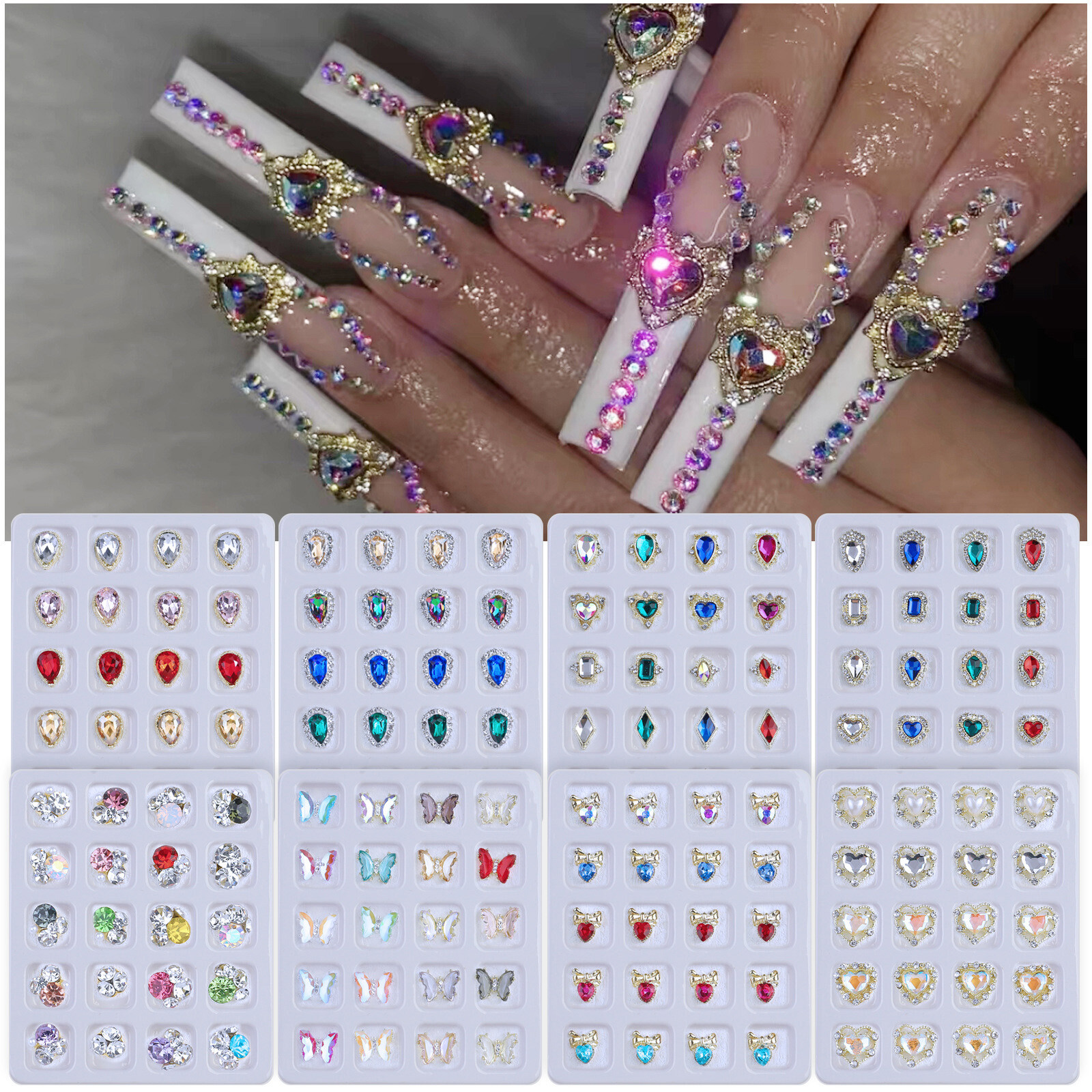 20 Grids Nail Art Rhinestones Glitter Heart Diamond Crystal Butterfly DIY Decora