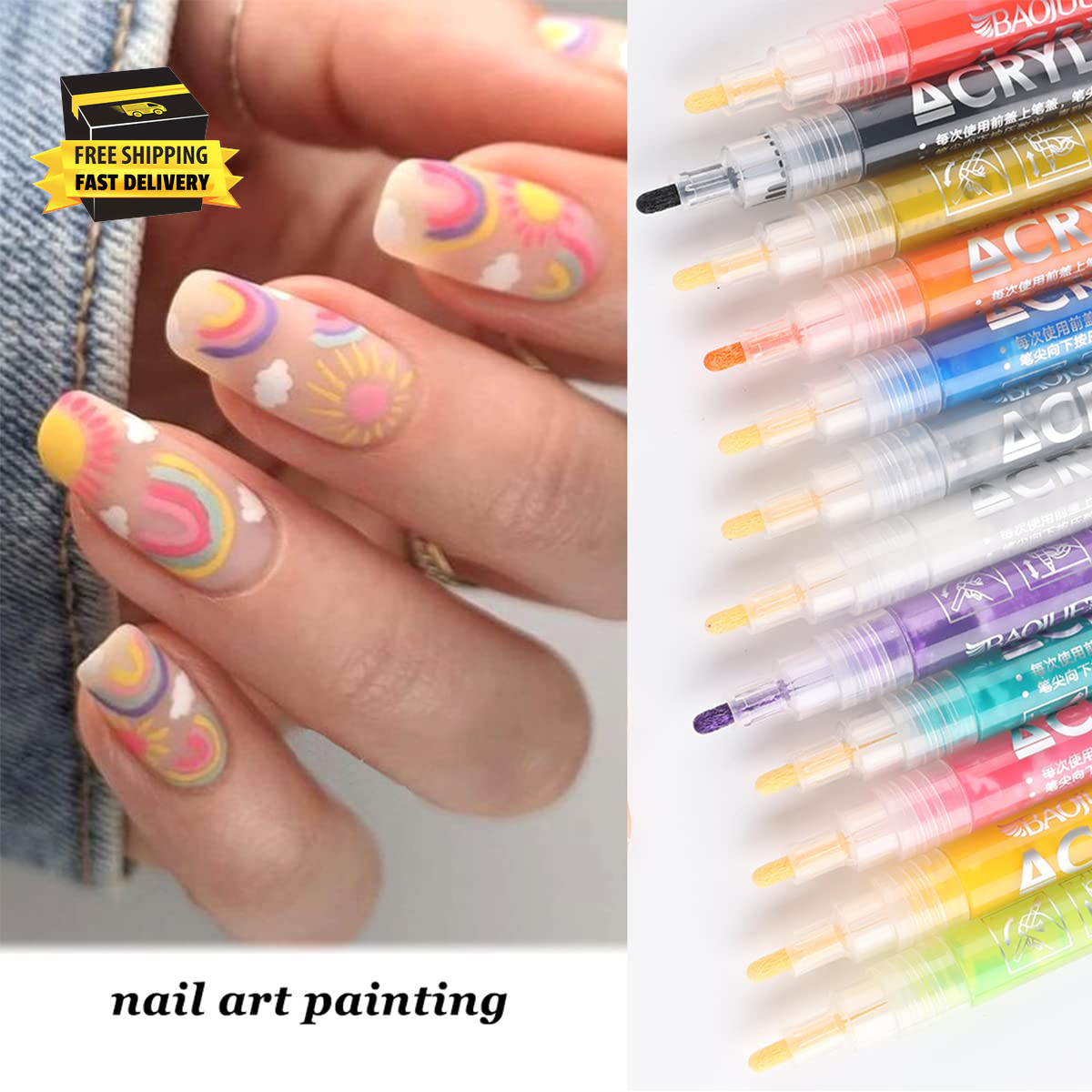 Nail Art Graffiti Pen Set 12Pcs Waterproof Drawing Markers Neon Enamels Black Wh