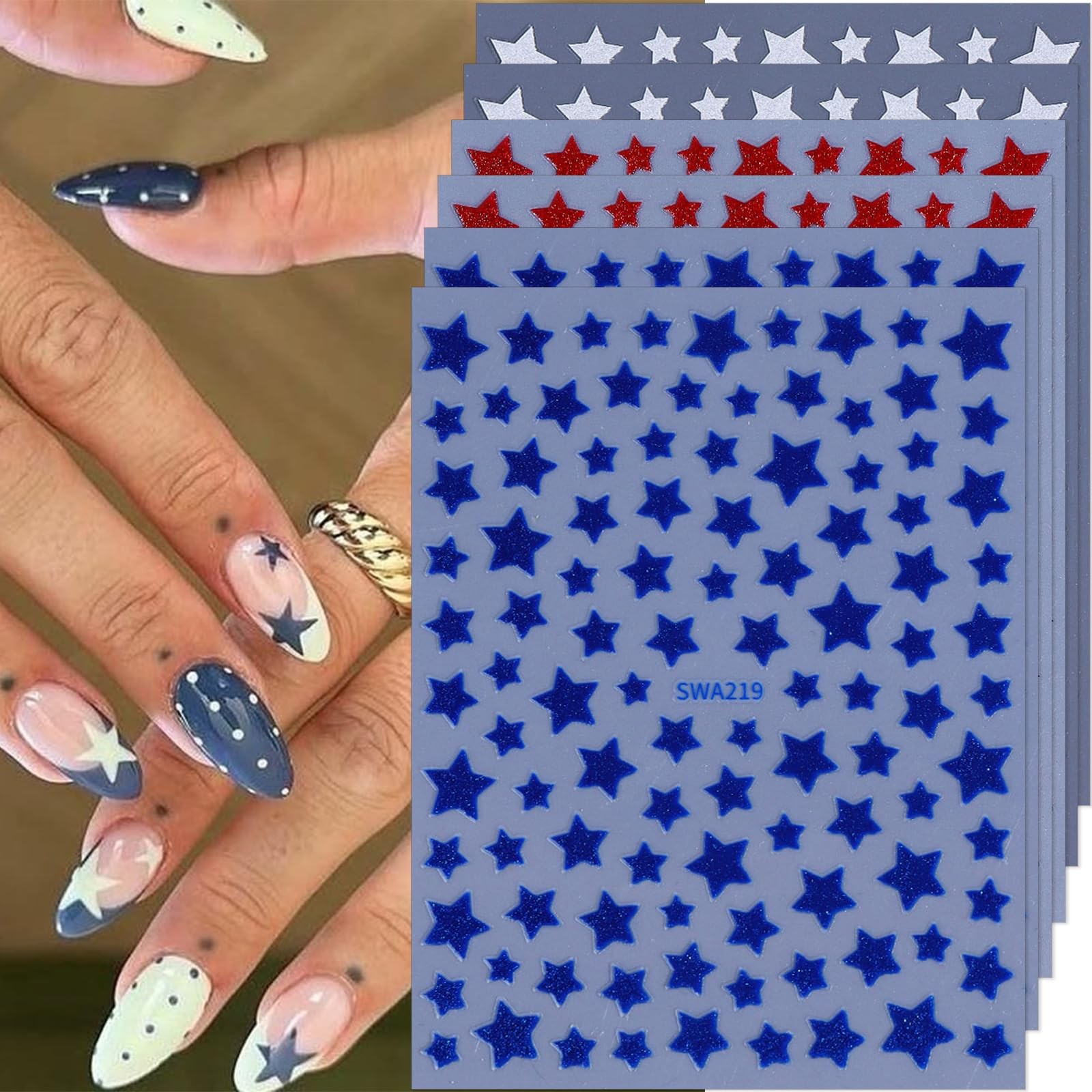 4th of July Nail Stickers Red White Blue Star Nail Decals 6PCS Glitter Patrio…