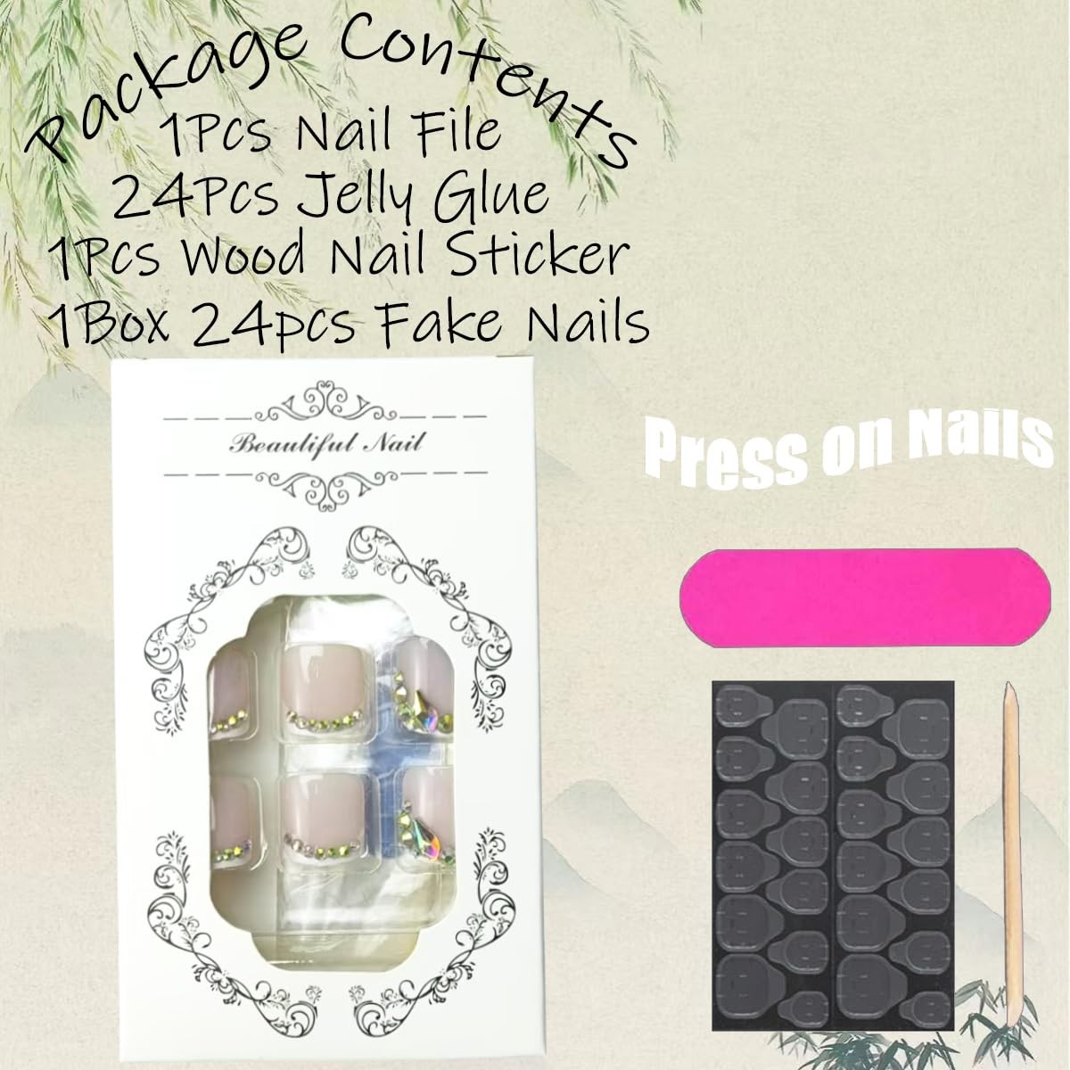 24Pcs Short Press on Toenails Square Fake Toenails with Rhinestones Design Wh…